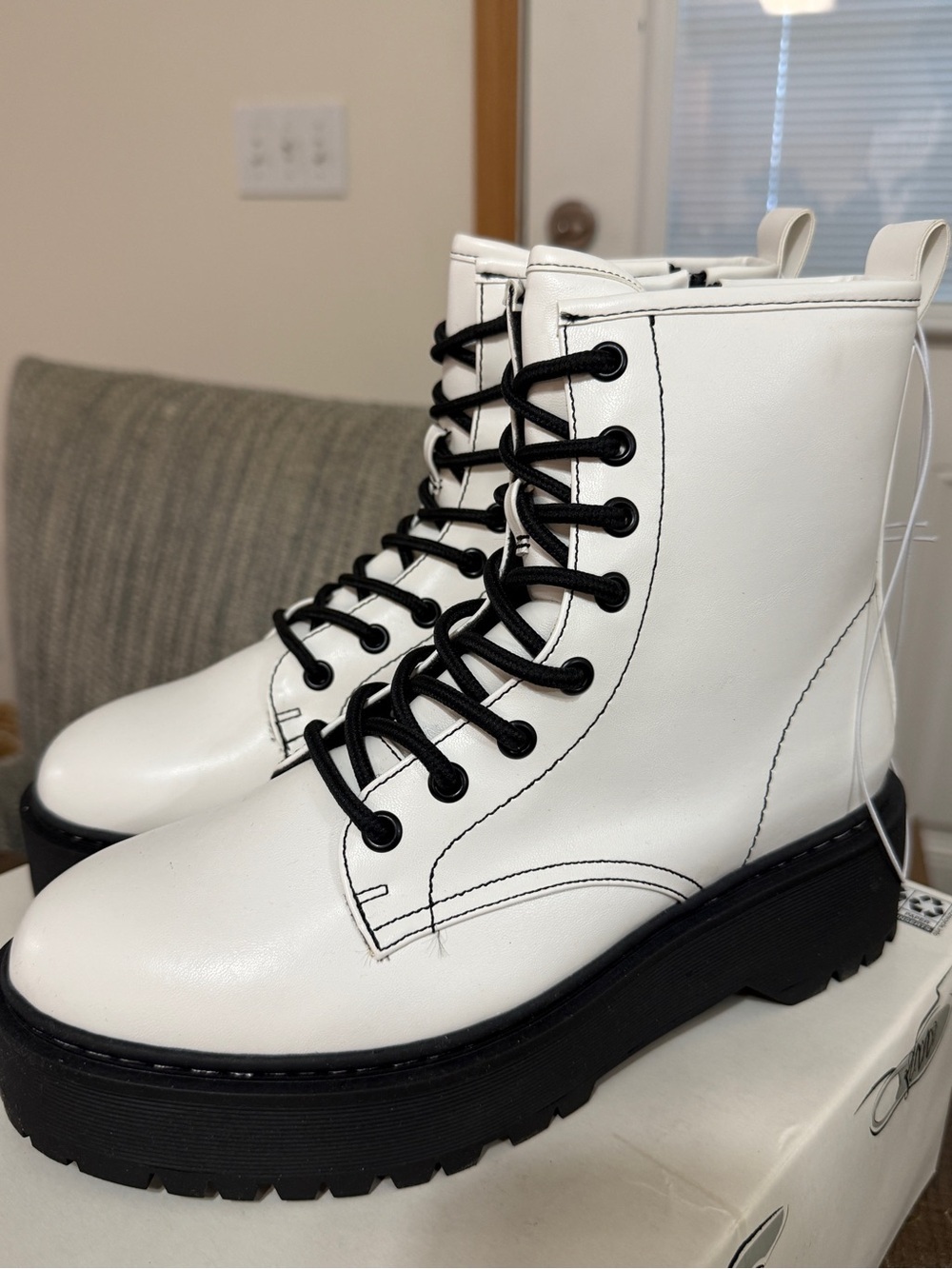 White Lace-Up Platform Combat Boots for Women